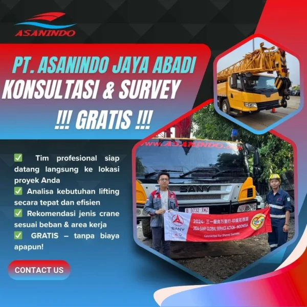 konsultasi-survey-gratis-sewa-crane-tanjung-priok-asanindo Tim PT Asanindo Jaya Abadi bersama unit crane SANY di depan truk — layanan konsultasi dan survey gratis untuk sewa crane Jakarta
